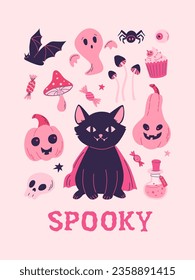 Happy Halloween party poster, invitation. Pinkcore style background. Vector illustration. Bat, black cat, pumpkins, ghost, mushrooms, sweets, candy