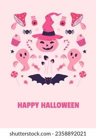 Happy Halloween party poster, invitation. Pinkcore style background. Vector illustration. Bat, pumpkin with witch's hat, ghost, mushrooms, sweets