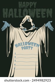 Happy Halloween Party Poster, Invitation. Grim Reaper in the Hood, Party Rules