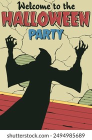 Happy Halloween Party Poster, Invitation, Cover. Grim Reaper's Shadow on the Old Wall