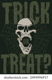 Happy Halloween Party Poster, Invitation, Cover. Skull and Spider Web, Trick or Treat? Halloween Style Greetings, Vector Illustration