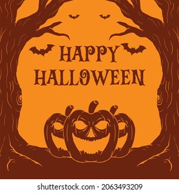 happy halloween party poster jack o latern bat shilloutte