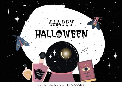 Happy Halloween party poster with mystical elements. Invitation or greeting card. Editable vector illustration