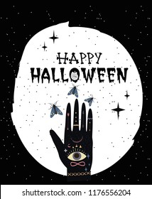 Happy Halloween party poster with mystical elements. Invitation or greeting card. Editable vector illustration