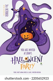 Afiche de la fiesta de halloween feliz con estilo de corte de papel, calabaza, bolas de ojos, estrellas y murciélagos nocturnos, ilustración de invitación de vectores de sombra de múltiples capas de halloween, tarjeta de invitación del 31 de octubre