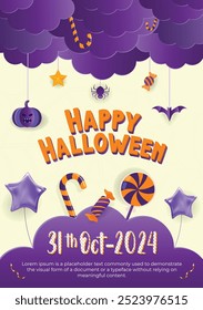 Happy Halloween Party Poster und Papier geschnitten Stil, Vektorgrafik-Design