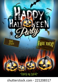 Happy Halloween party Poster with Pumpkins on fire in the Grass. EPS 10 vector file included