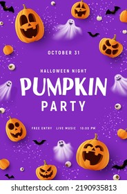 Happy Halloween Party Poster. Purple Party Flyer With 3d Spooky Pumpkins, Candy Eyes, Paper Bats, Ghosts And Confetti. Vector Illustration. Happy Halloween Holiday Banner.