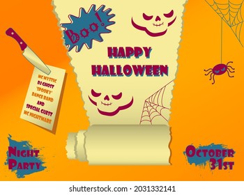 Happy Halloween party poster with realistic paper rolled scroll typography spider and scull on a yellow background