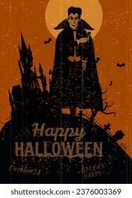 Happy Halloween party poster scary Dracula dark castle, grave, Moon, silhouette