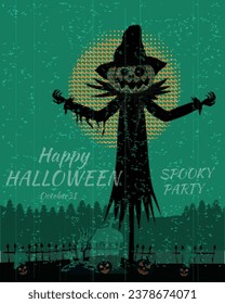 Happy Halloween party poster scary Scarecrow dark landscape, grave, Moon