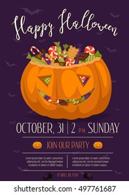 Happy Halloween party poster with scary pumpkin head jack full of sweet candies, isolated cartoon vector illustration on perpl background. Trick or treat concept. Halloween vintage design template