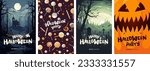 Happy Halloween party poster set. Drawing placards with old mansion, graveyard, candies and scary pumpkin. Art cover horror night. October 31 holiday evening promotional artwork. Typography eps print