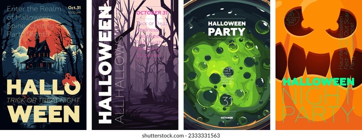 Happy Halloween party poster set. Placards with old mansion, witch in forest, poisonous potion and scary pumpkin. Art cover horror night. October holiday eve promotional artwork. Typography eps print