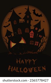 Happy Halloween party poster set with night clouds and pumpkins in paper cut style, vector illustration, full moon, witch's cauldron, spider web and flying bats. Place for brochure background text.