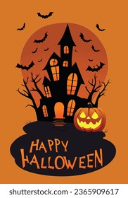 Happy Halloween party poster set with night clouds and pumpkins in paper cut style, vector illustration, full moon, witch's cauldron, spider web and flying bats. Place for brochure background text.