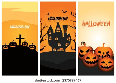Happy Halloween party poster set. Art cover horror night. October holiday eve promotional artwork. Typography eps print 