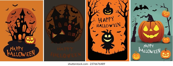 Happy Halloween party poster set with night clouds and pumpkins in paper cut style, vector illustration, full moon, witch's cauldron, spider web and flying bats. Place for brochure background text.