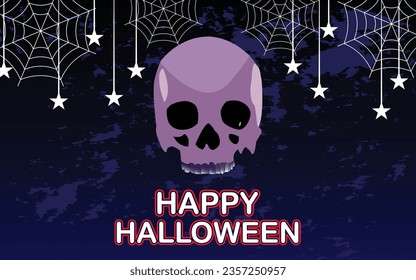 Happy Halloween party poster with skull face, spider web, stars, decorative poster for Halloween party, vector art illustration
