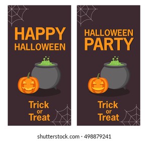 Happy Halloween and Party poster with smiling pumpkin head jackA vector flat style with the text and pumpkin with the raging cauldron. The leaflet, a banner, a poster, for the holiday Halloween.