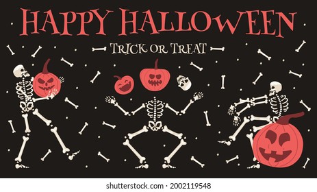 Happy halloween party poster. Spooky halloween skeleton with pumpkins festive vector background illustration. Halloween skeletons party invitation. Skeleton death dancing, pumpkin halloween skeletal