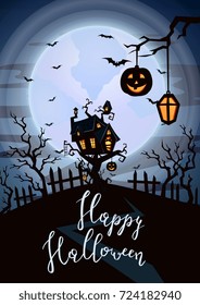 Happy Halloween party poster with spooky castle on tree in mystic forest at night under full moon. Cartoon vector illustration. Halloween background with haunted house on hill, pumpkin and flying bats