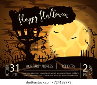 Happy Halloween party poster with spooky castle on tree in mystic forest at night under full moon. Cartoon vector illustration. Halloween background with haunted house on hill, pumpkin and flying bats