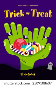 Happy halloween party poster template design. Candies on green monster hands isolated on purple background flat design style vector illustration. Design element for invitation, print, leaflet, flyer