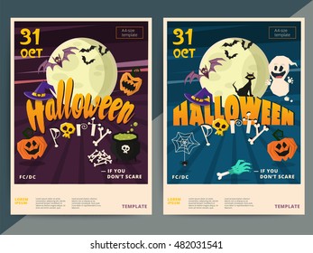 Happy Halloween party poster template design. All hallow eve flyer in scary cartoon style. All saint holiday club event layout. Vector illustration