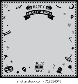 Happy Halloween party poster template frame design with black symbol on gray background.