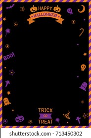 Happy Halloween party poster template frame design with symbol on black background.