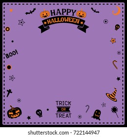 Happy Halloween party poster template frame design with black symbol on purple background.