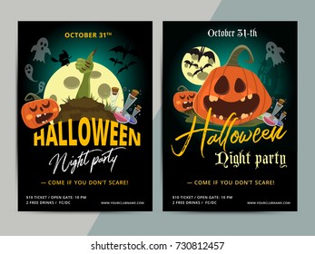 Happy Halloween party poster template design. All hallow eve flyer in scary cartoon style. All saint holiday club event layout. Vector illustration