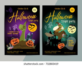 Happy Halloween party poster template design. All hallow eve flyer in scary cartoon style. All saint holiday club event layout. Vector illustration.