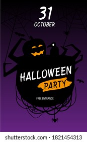 Fröhliche Halloween-Party Poster, Vektorgrafik. Traditionelle Elemente, Kürbis mit gruseligen Gesichtern und Spiontern, Web, Fledermäuse, Klauen und 
Rabe für Grußkarte, Einladungen, Poster, Web-Banner, Flyer.