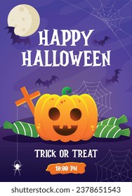 Happy Halloween party poster. Vector illustration. Orange pumpkin full moon, spider web and flying bat. Halloween Night Party October 31st. Trick or Treat. Promotional artwork. Typography.