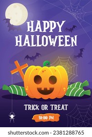 Happy Halloween party poster. Vector illustration with Glow Effect. Orange pumpkin full moon, spider web and flying bat. Halloween Night Party October 31st. Trick or Treat. 