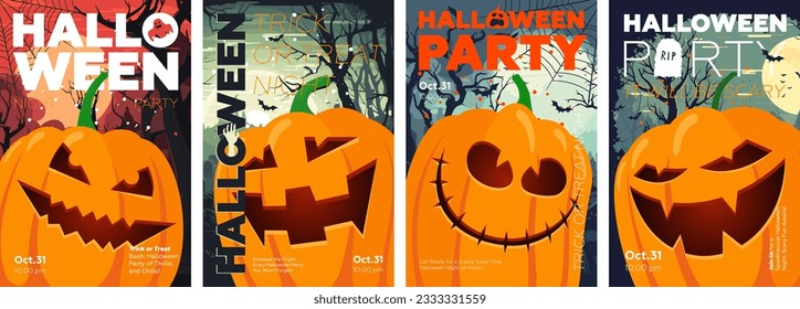Happy Halloween party poster. Vertical placard scary pumpkin. Art cover spooky Jack Lantern in moonlit. October 31 holiday horror evening promotional artwork banner. Creative typography vector prints