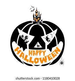 Happy Halloween Party Poster with Witch, Bats and Castle on Halloween Pumpkins. Isolated vector illustration