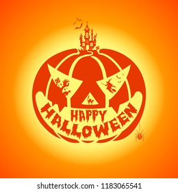 Happy Halloween Party Poster with Witch, Bats and Castle on Halloween Pumpkins. Vector illustration