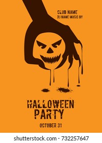 Happy Halloween Party Poster with Zombie hand and scary face.