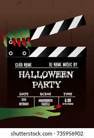 Happy Halloween Party Poster with zombie hand and clapperboard.