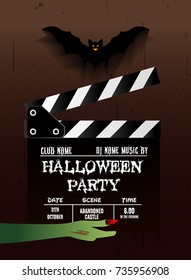 Happy Halloween Party Poster with zombie hand and clapperboard.