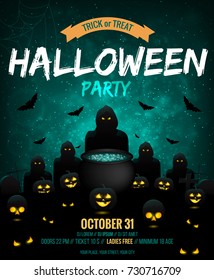 Happy Halloween Party Poster.Modern background with Halloween elements and label with calligraphic lettering. Can be used as party invitation or web banner. Vector Illustration