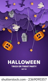 Happy Halloween party posters or brochure background in paper cut style.