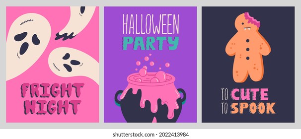 Happy halloween party posters, creepy invitation, greeting cards collection with handwritten calligraphy. Hand drawn traditional holiday symbols set, ghosts, cauldron, scary lettering. Vector template