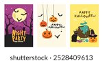 Happy Halloween party posters or flyers set. Halloween party invitation card vector. Halloween set of elements, ghost, pumpkin and bat. Halloween banner Trick or Treat social media post.
