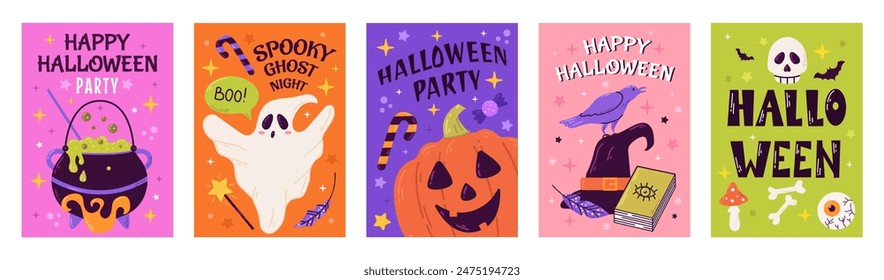 Happy Halloween party posters or flyers big set. Vector illustration with pumpkin, ghost, moon, bat, and spiders web