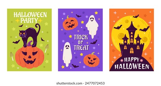 Happy Halloween party posters or flyers set. Vector illustration with pumpkin, ghost, moon and bat