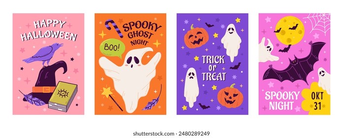 Happy Halloween party posters or flyers set. Vector illustration with pumpkin, ghost, moon, bat, and spiders web